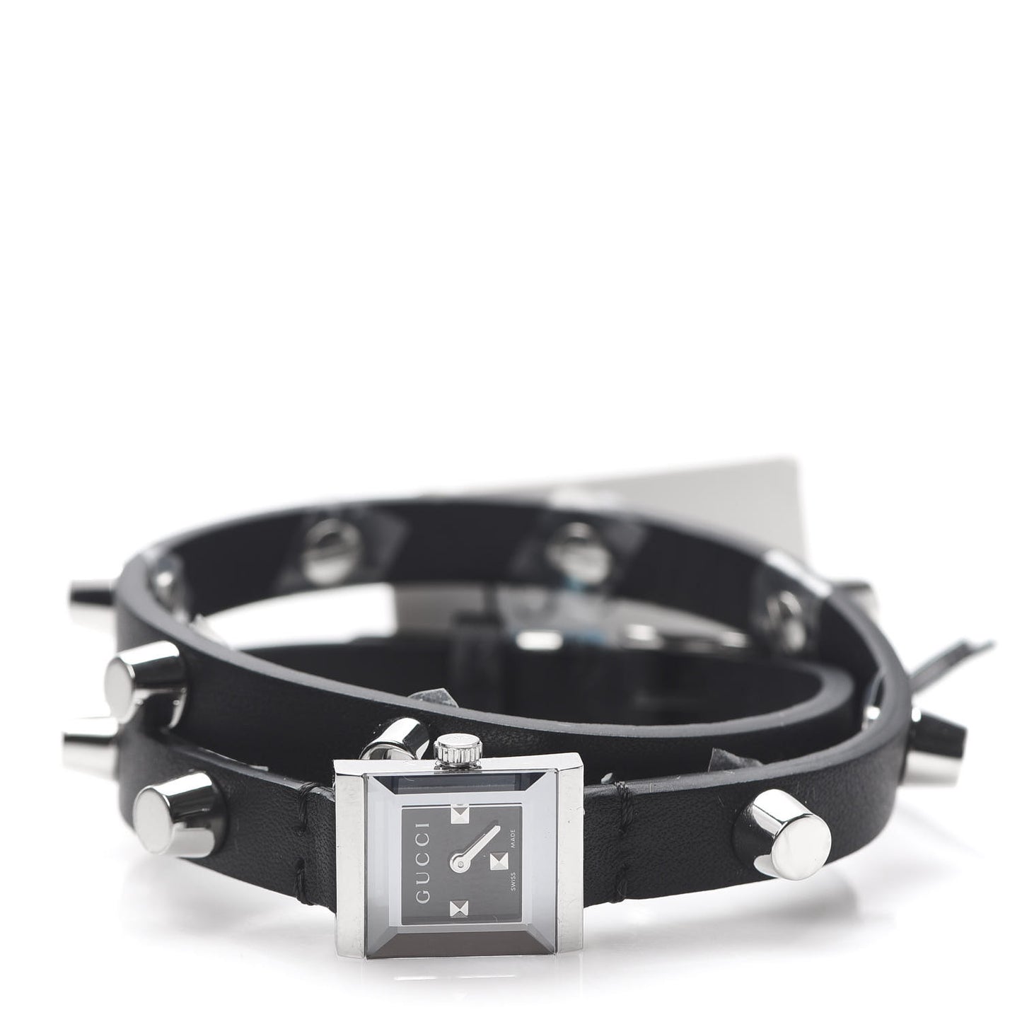 Stainless Steel Calfskin 14mm G-Frame Square Double Wrap Stud Quartz Watch Black