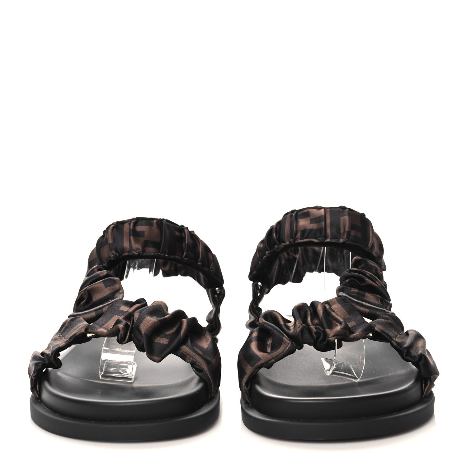Fendi Satin FF Ruched Sandals 39.5 Tobacco Black 3 of 8