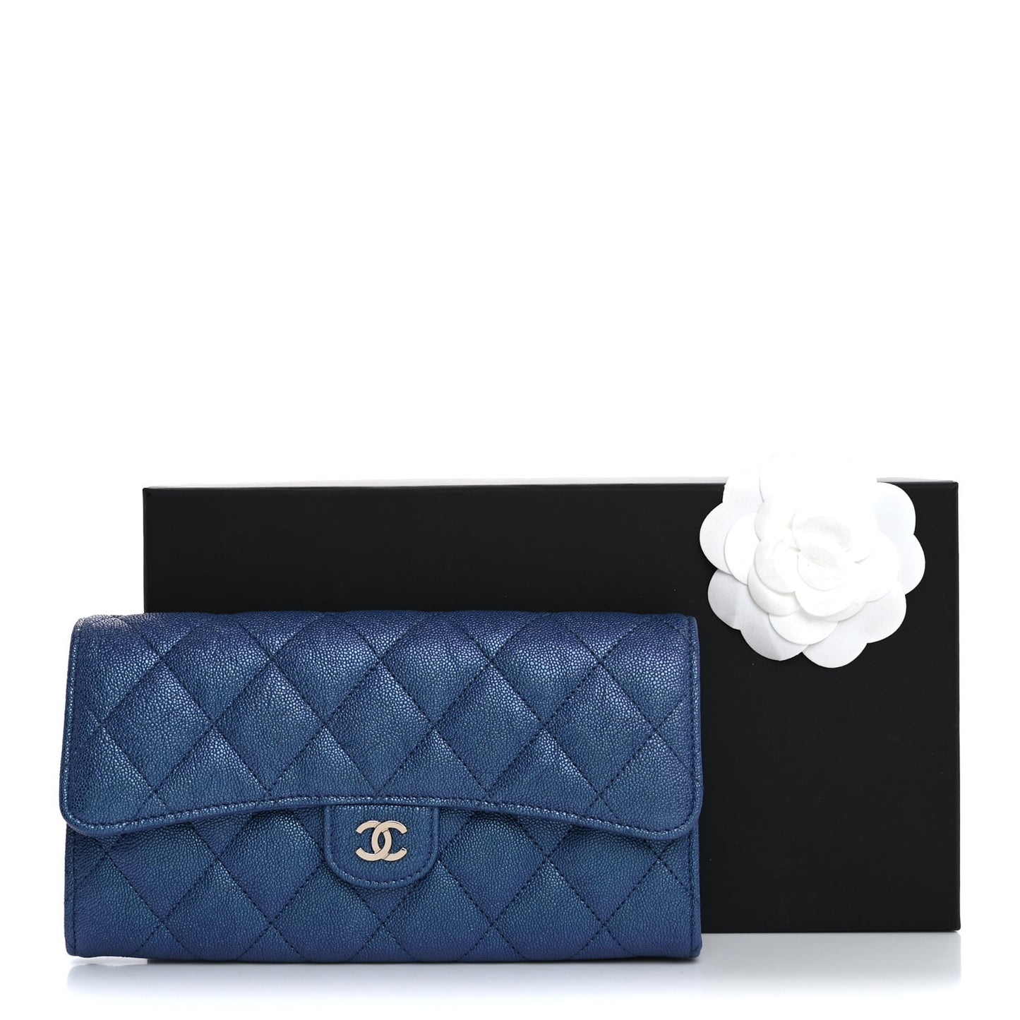Iridescent Caviar Quilted Large Gusset Flap Wallet Dark Blue