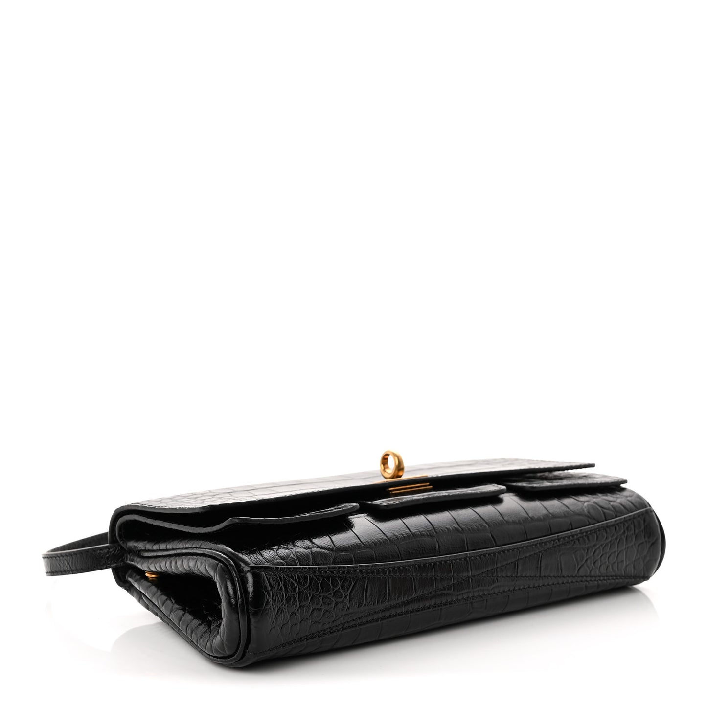 Crocodile Embossed Small Bel Air Clutch On Strap Black