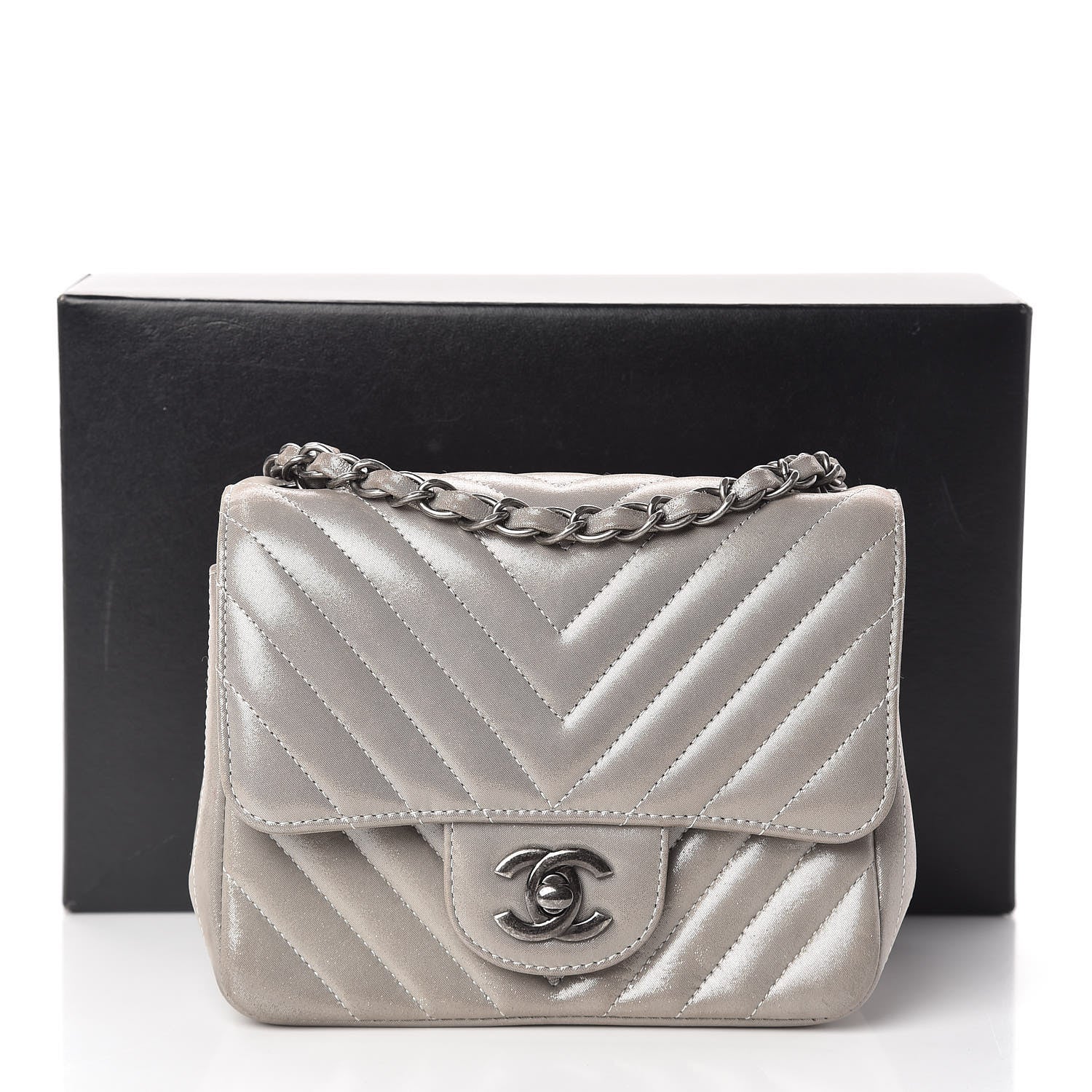 Chanel Iridescent Calfskin Chevron Quilted Mini Square Flap Silver 11 of 11