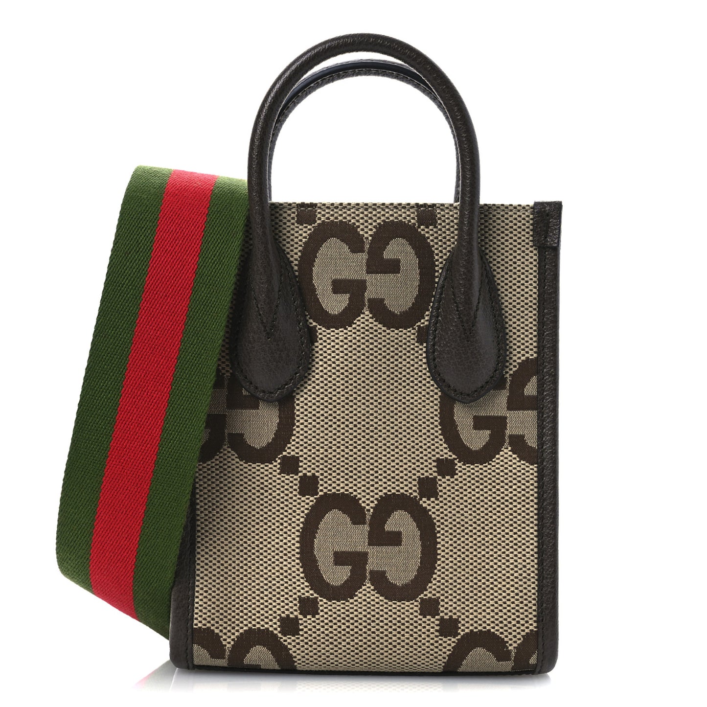 Monogram Jumbo GG Textured Dollar Calfskin Web Mini Vertical Tote Camel Ebony New Acero
