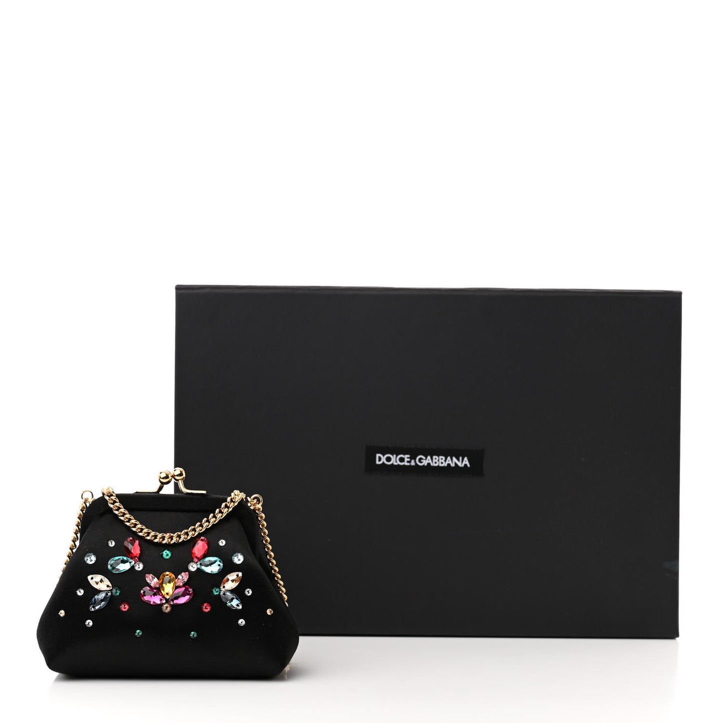 Satin Crystal Embellished Chain Clutch Black