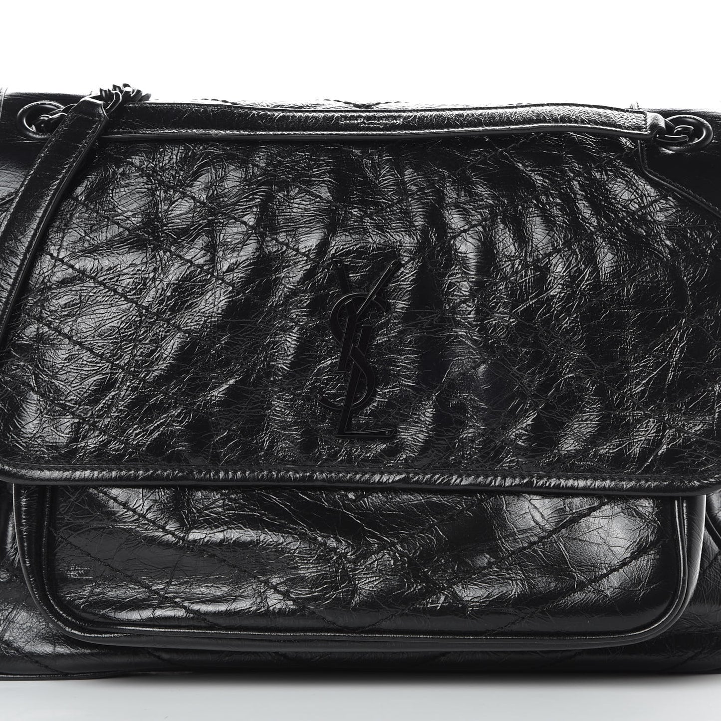 Crinkled Calfskin Matelasse Monogram Large Niki Chain Satchel Black