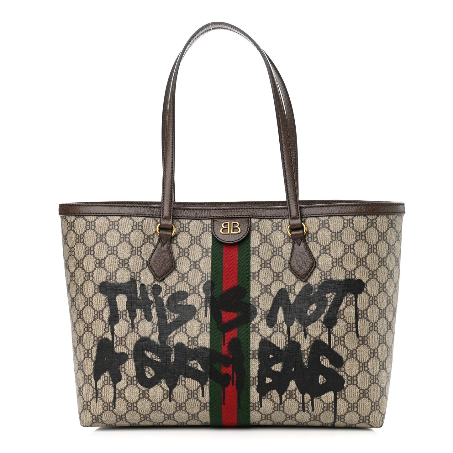 X BALENCIAGA BB Supreme Monogram Web Graffiti Medium Ophidia Shopping Tote Beige New Acero