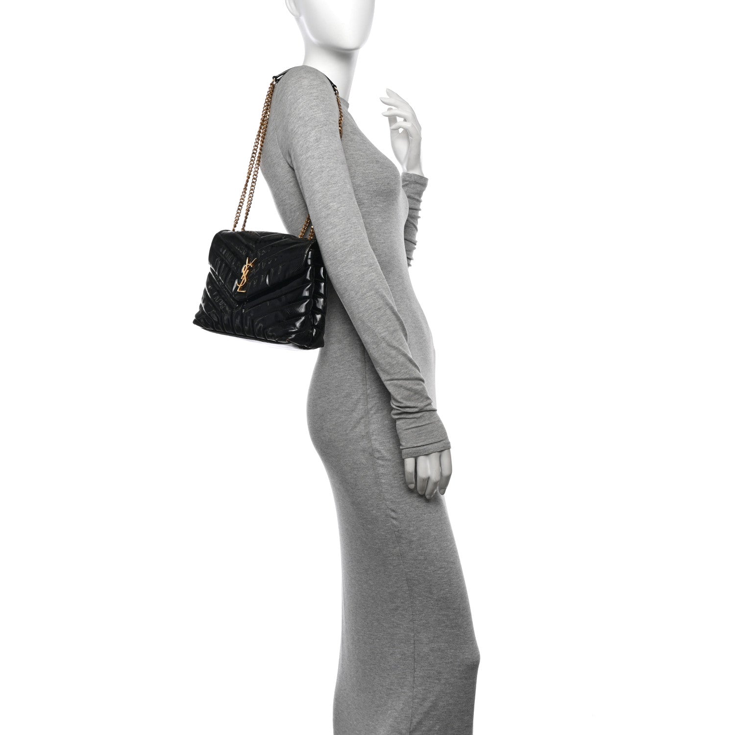Saint Laurent Patent Y Quilted Monogram Small Loulou Chain Satchel Black 2 of 19