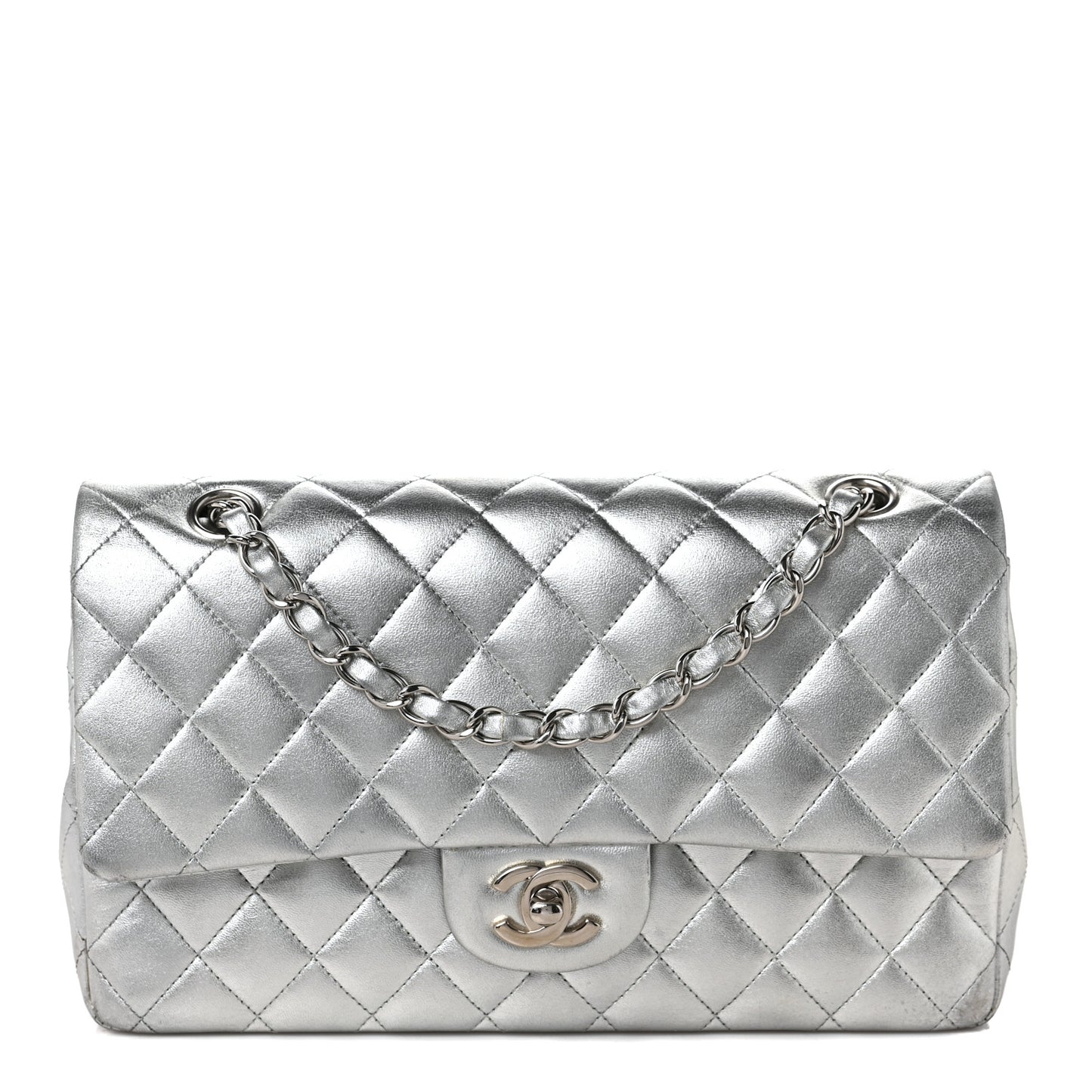 Metallic Lambskin Quilted Medium Double Flap Silver
