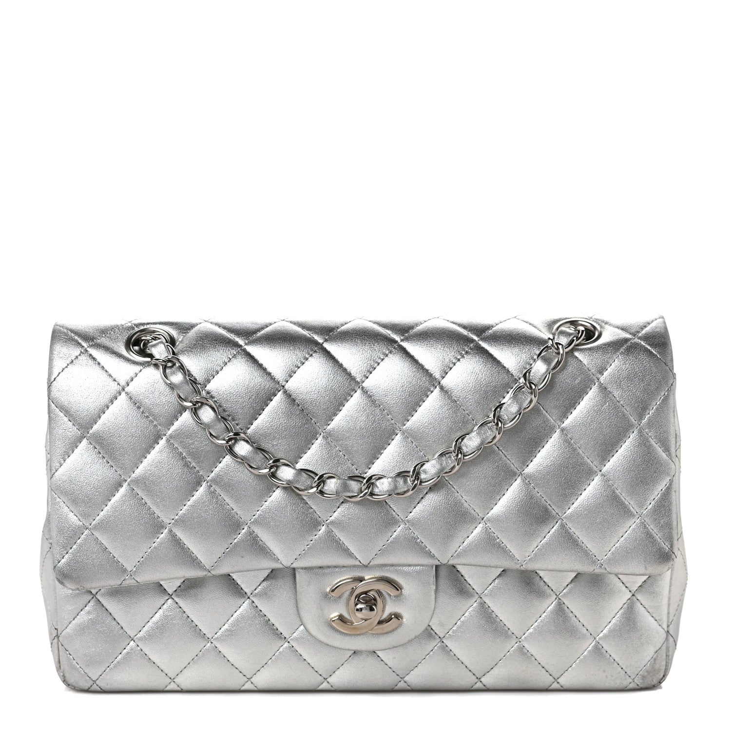 Chanel Metallic Lambskin Quilted Medium Double Flap Silver 1 of 9