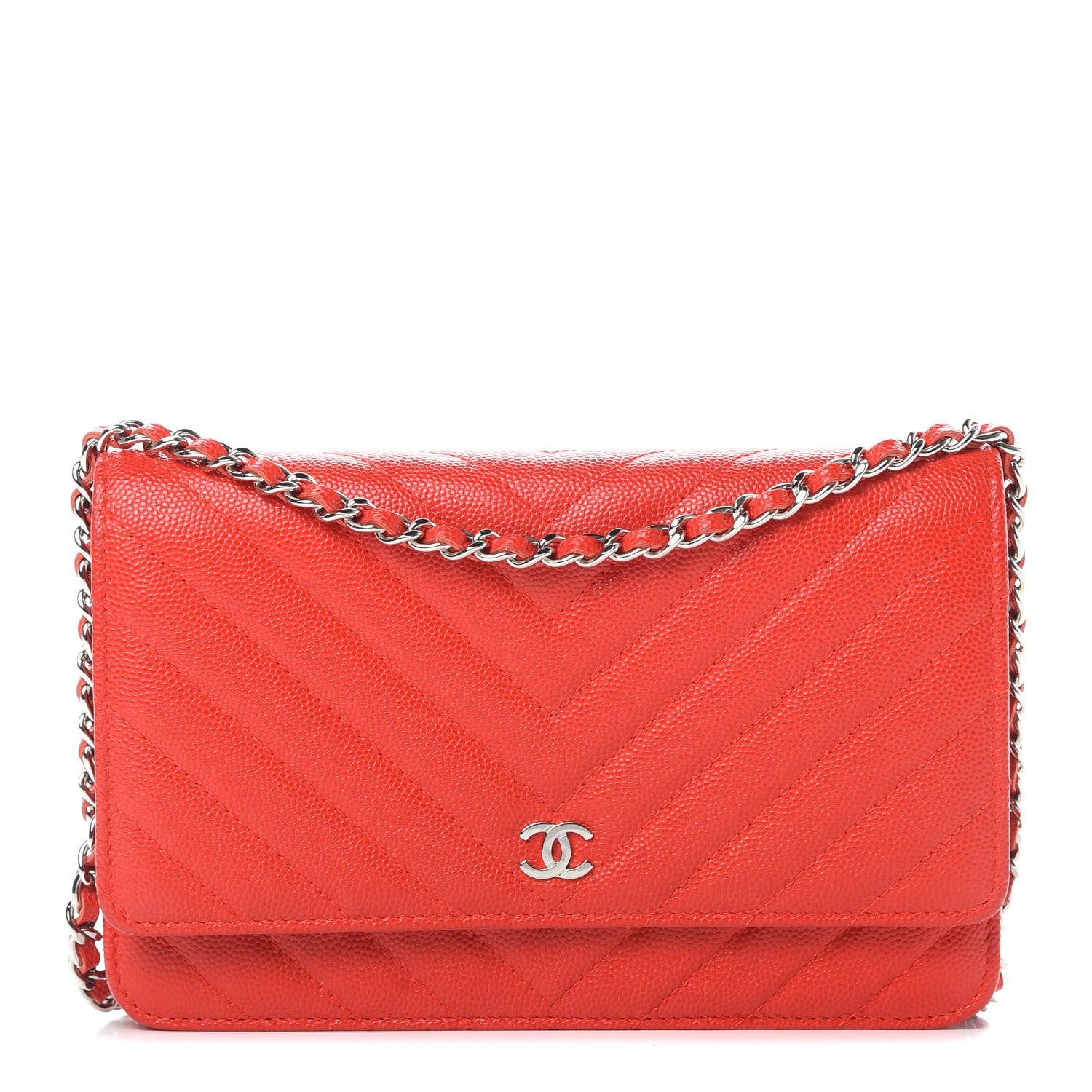 Chanel Caviar Chevron Quilted Wallet On Chain WOC Red 1 of 14
