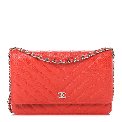Chanel Caviar Chevron Quilted Wallet On Chain WOC Red 1 of 14
