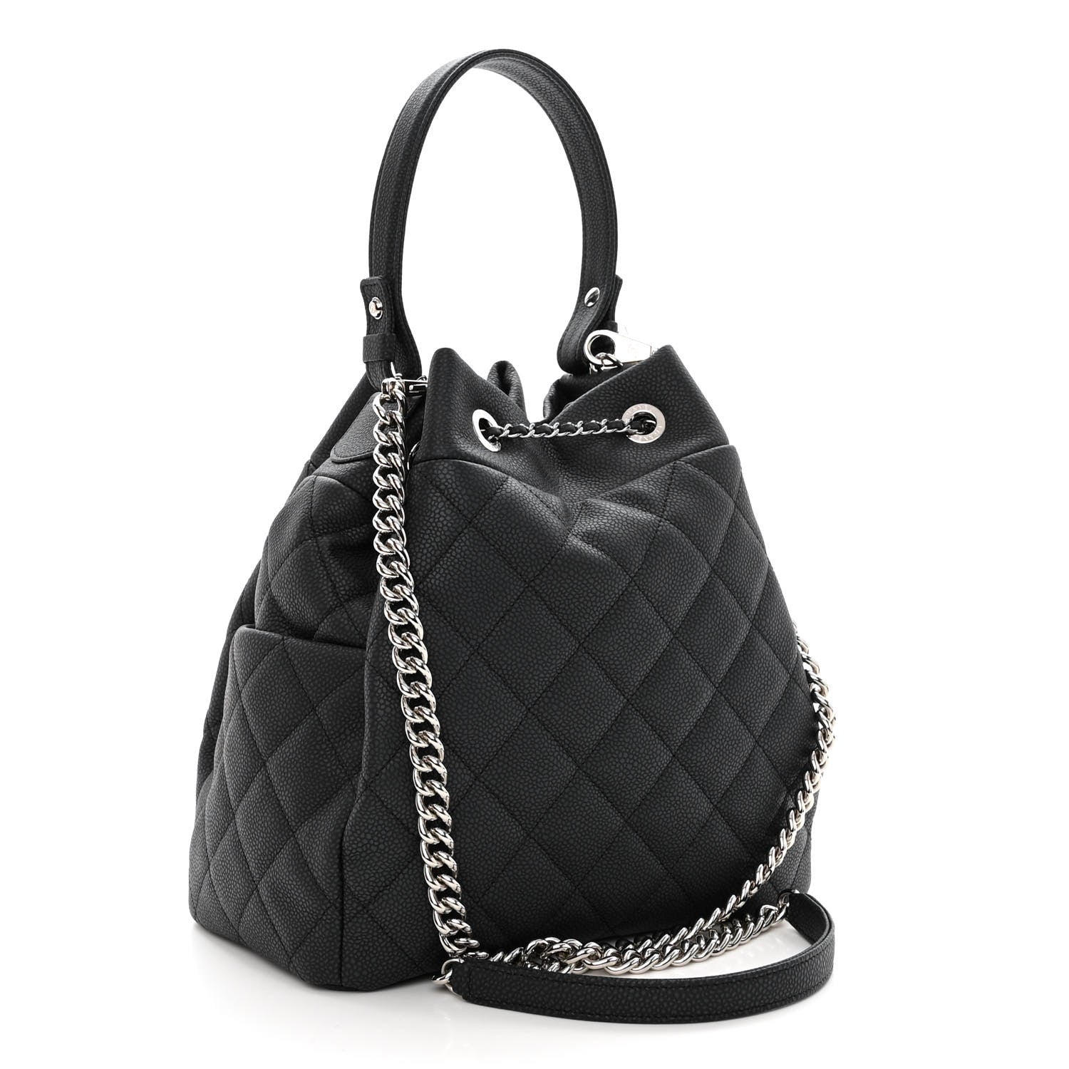 Chanel Caviar Flat Quilted CC Chain Bucket Drawstring Bag Black 3 of 9