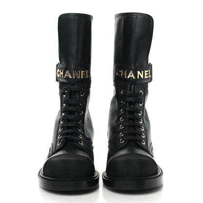 Chanel Shiny Calfskin Grosgrain Lace Up Combat Boots 36.5 Black 3 of 7