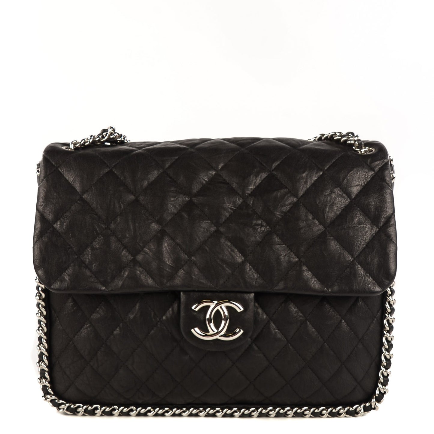 Crumpled Lambskin Chain Around Maxi Flap Bag Black