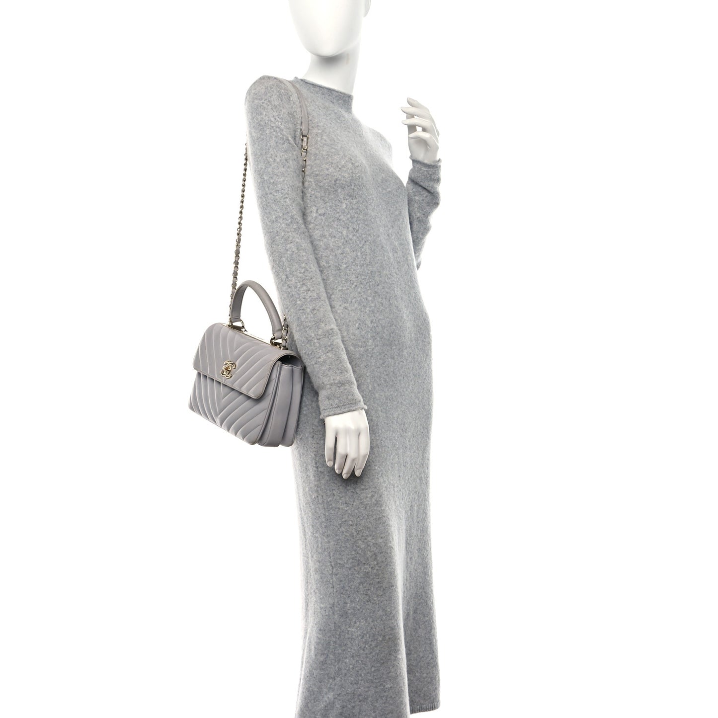 Lambskin Chevron Quilted Small Trendy CC Flap Dual Handle Bag Grey