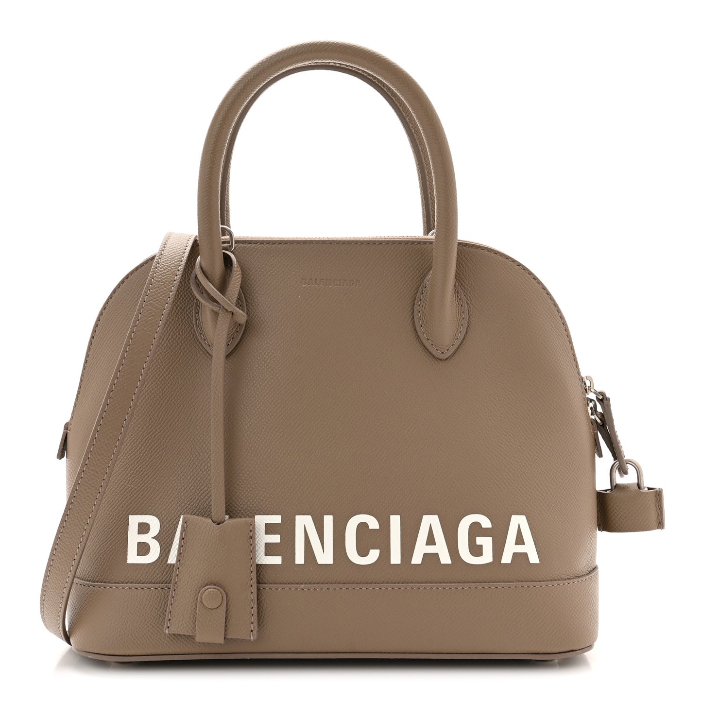 Signature Grained Calfskin Logo S Ville Top Handle Bag Mink Grey White