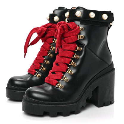 Gucci Magnum Calfskin Pearl Lace Up Combat Ankle Boots 37.5 Black 3 of 8