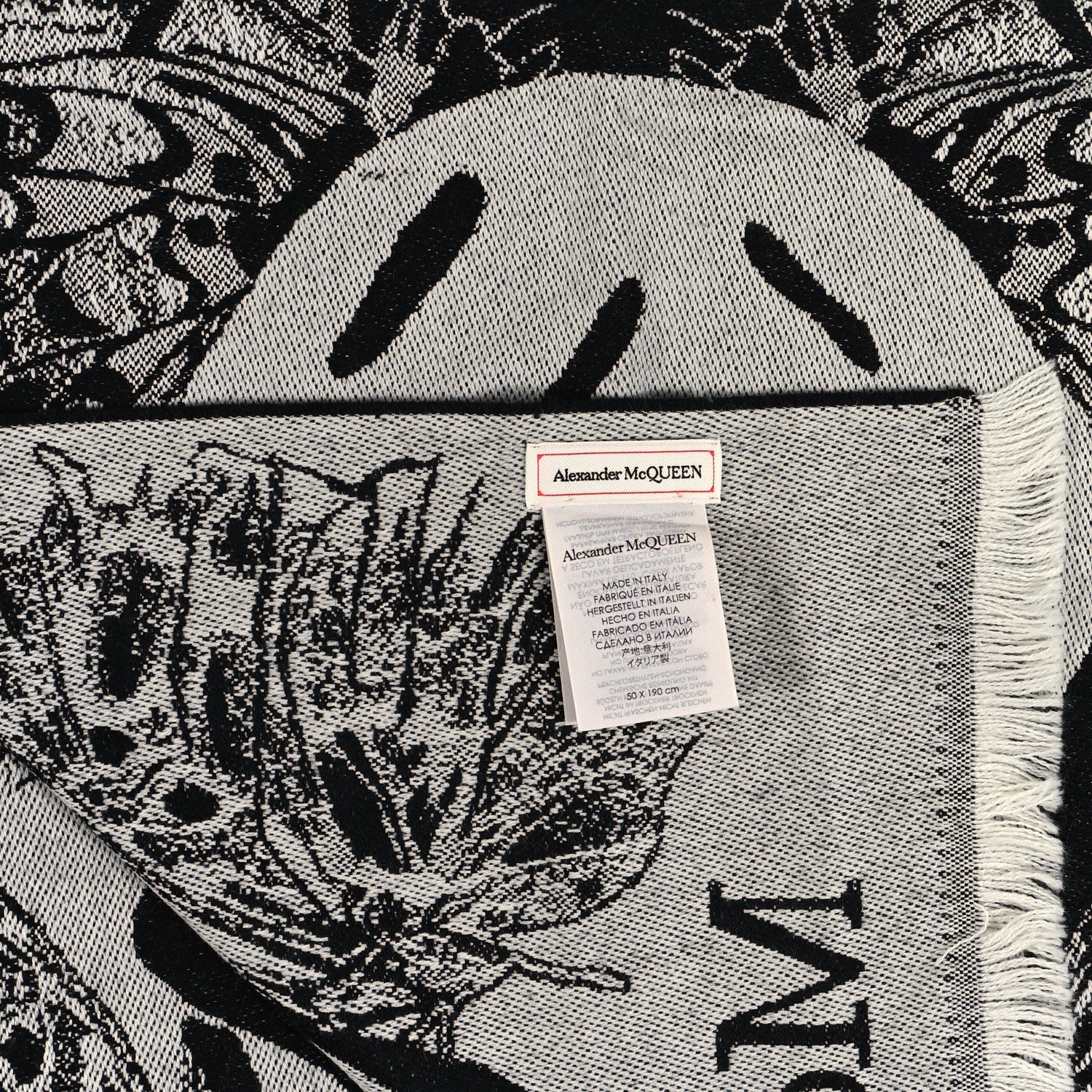 Alexander McQueen Wool Butterflies Skulls Scarf Black White 3 of 4