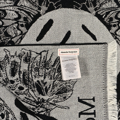 Alexander McQueen Wool Butterflies Skulls Scarf Black White 3 of 4