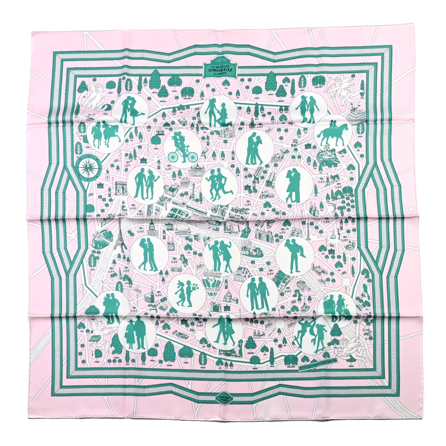 Hermes Silk Les Nouveaux Amoureux de Paris Scarf 90 Rose Pale Menthol 1 of 6