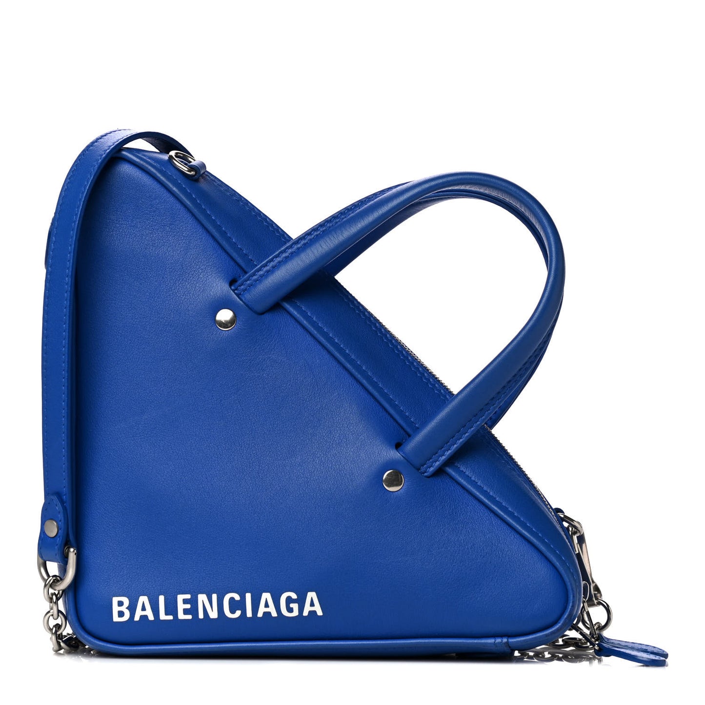 Shiny Day Calfskin Logo XS Triangle Chain Duffle Bleu Roi White