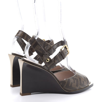 Fendi Glazed Fabric FF Wedge Sandals 36.5 Tobacco Moro 5 of 9