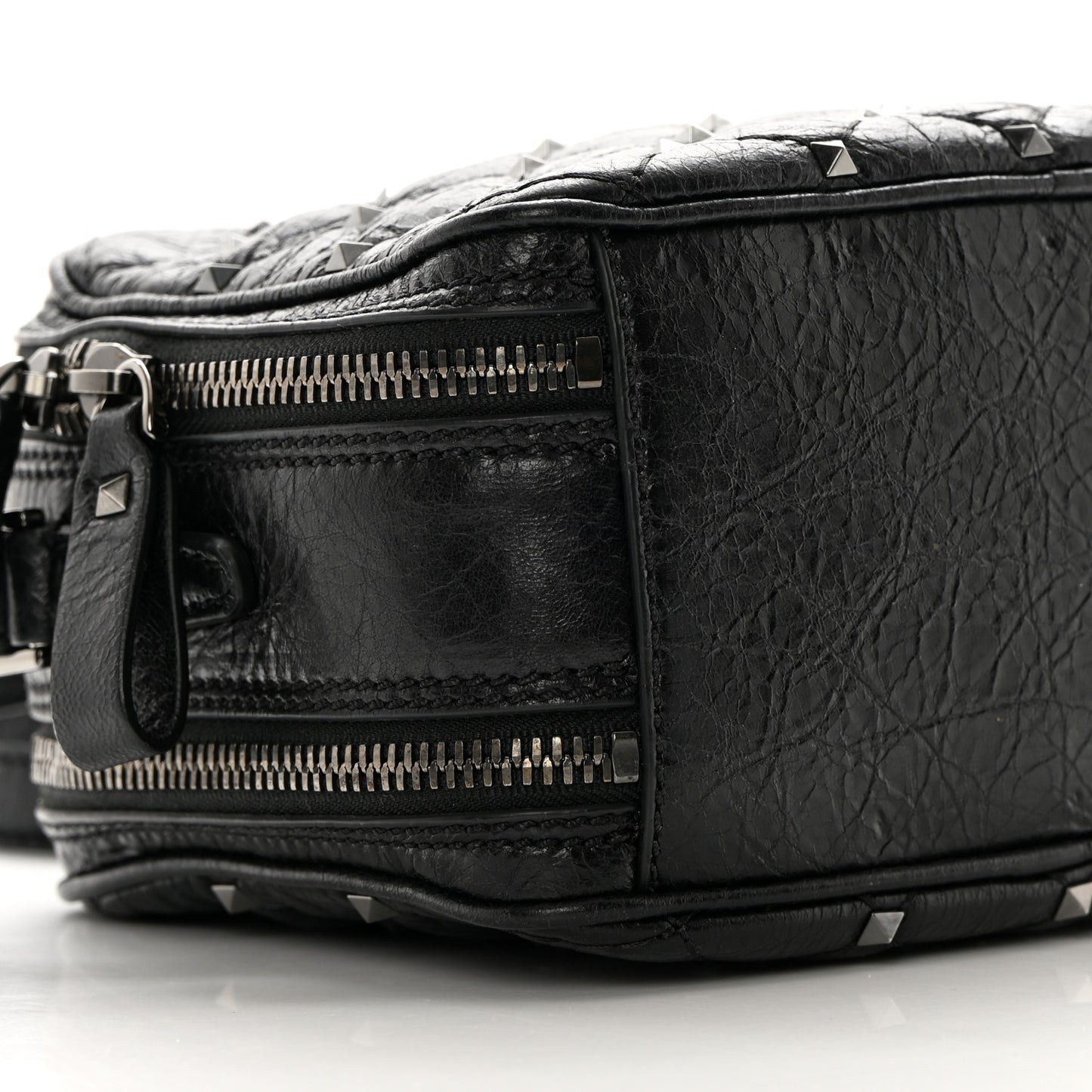 Craquele Nappa Rockstud Spike Double Zip Camera Crossbody Bag Black