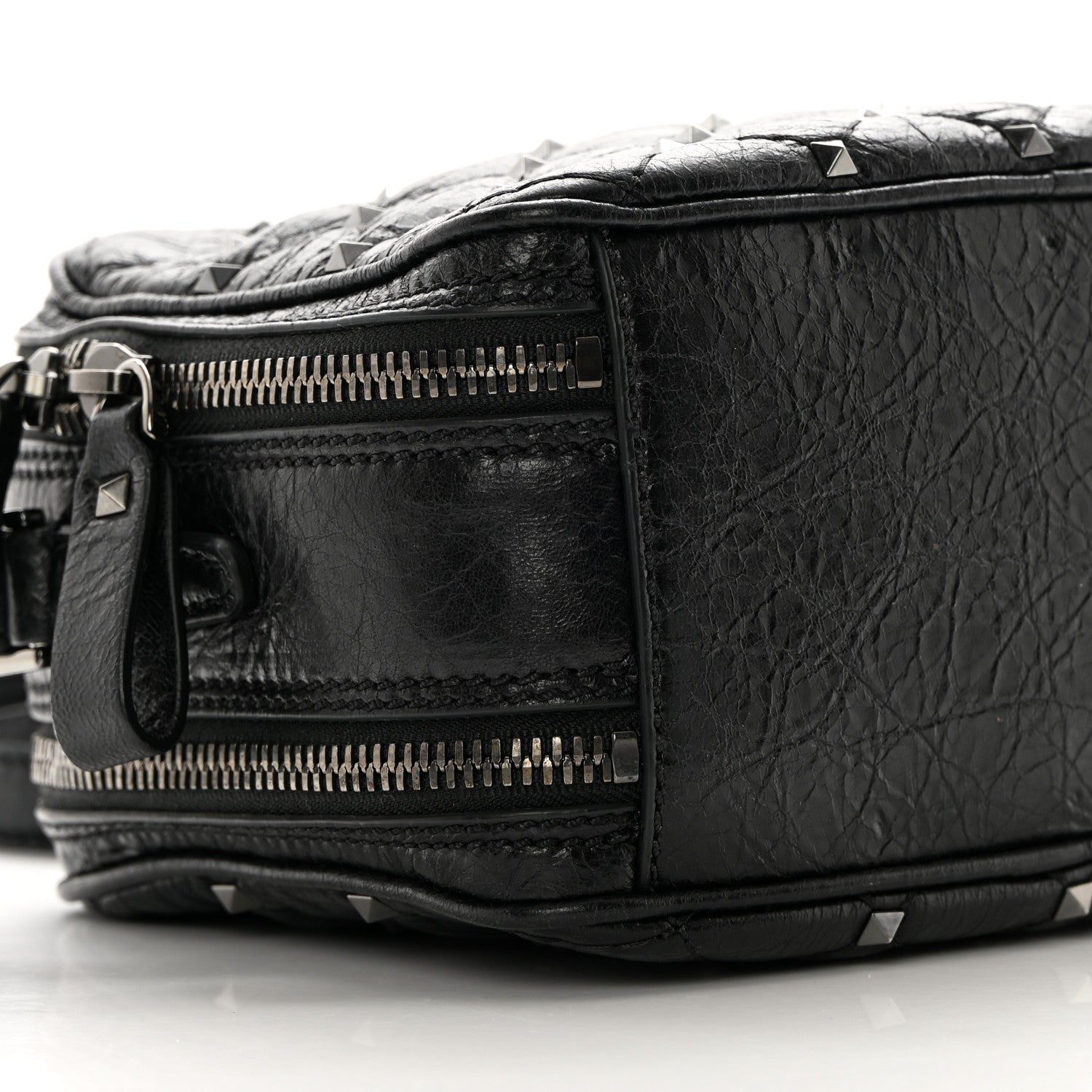 Valentino Garavani Craquele Nappa Rockstud Spike Double Zip Camera Crossbody Bag Black 9 of 13