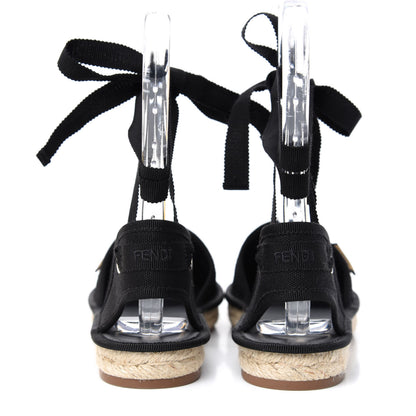 Fendi Canvas FF Embroidered Roma Ankle Wrap Flat Espadrilles 36 Black 7 of 9
