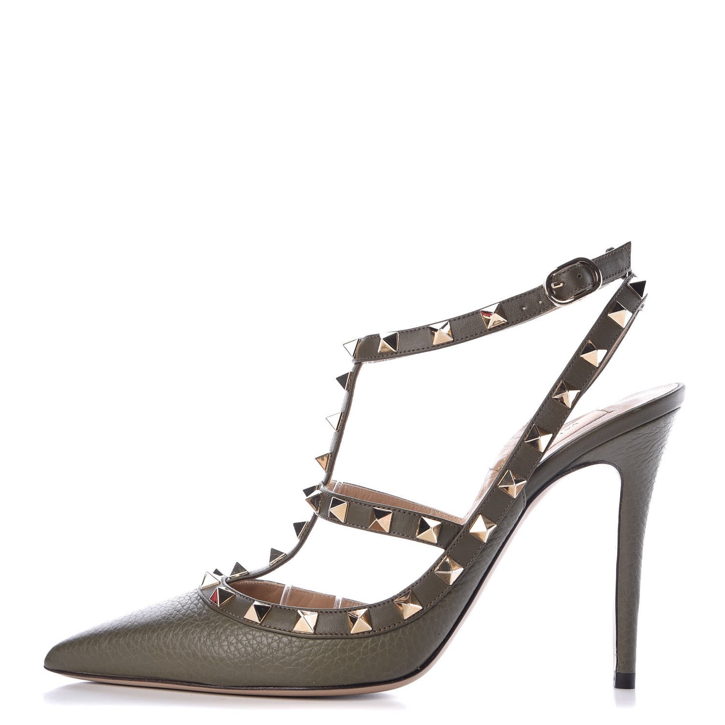 Pebbled Calfskin Rockstud Ankle Strap Pumps 39.5 Army Green
