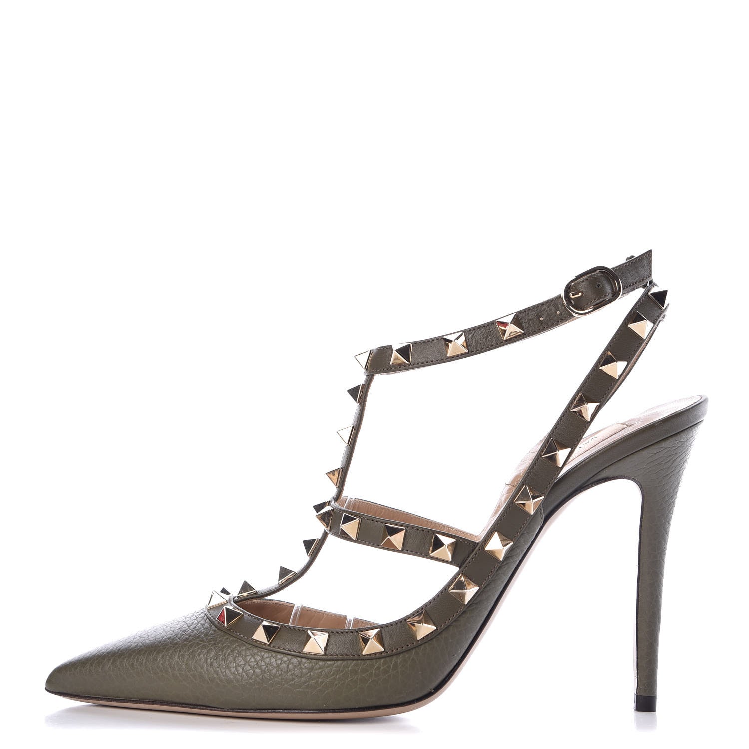 Valentino Garavani Pebbled Calfskin Rockstud Ankle Strap Pumps 39.5 Army Green 1 of 7