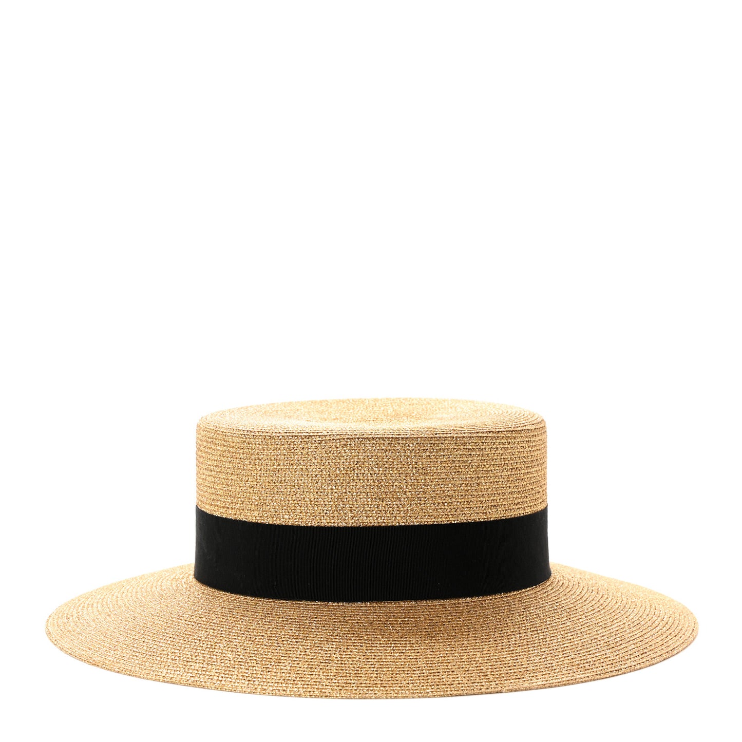 Glittered Straw Grosgrain Wide Brim Hat M Gold Black