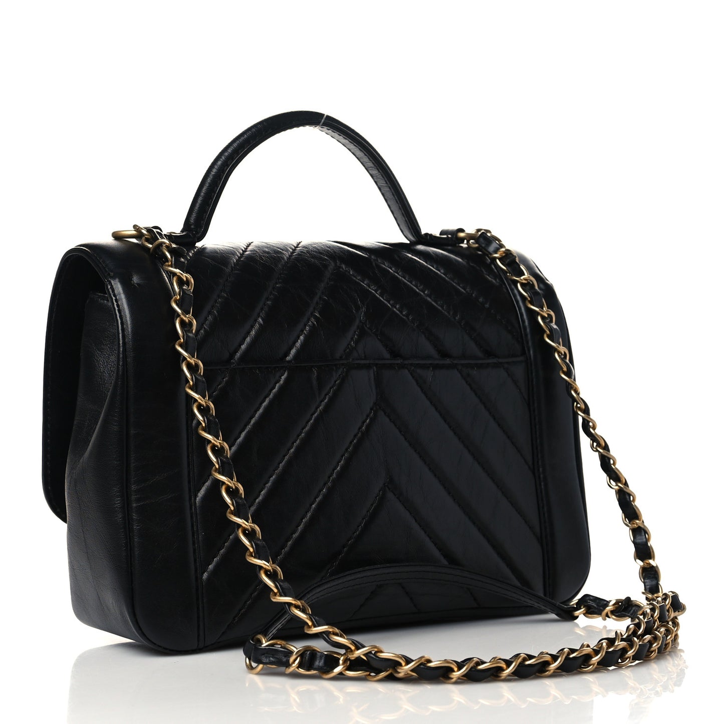 Calfskin Chevron Quilted Top Handle Flap Black