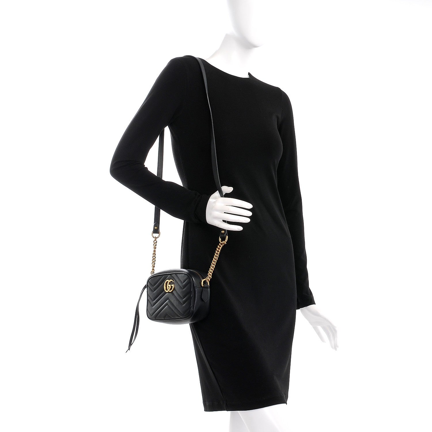 Gucci Calfskin Matelasse Mini GG Marmont Chain Shoulder Bag Black 2 of 9