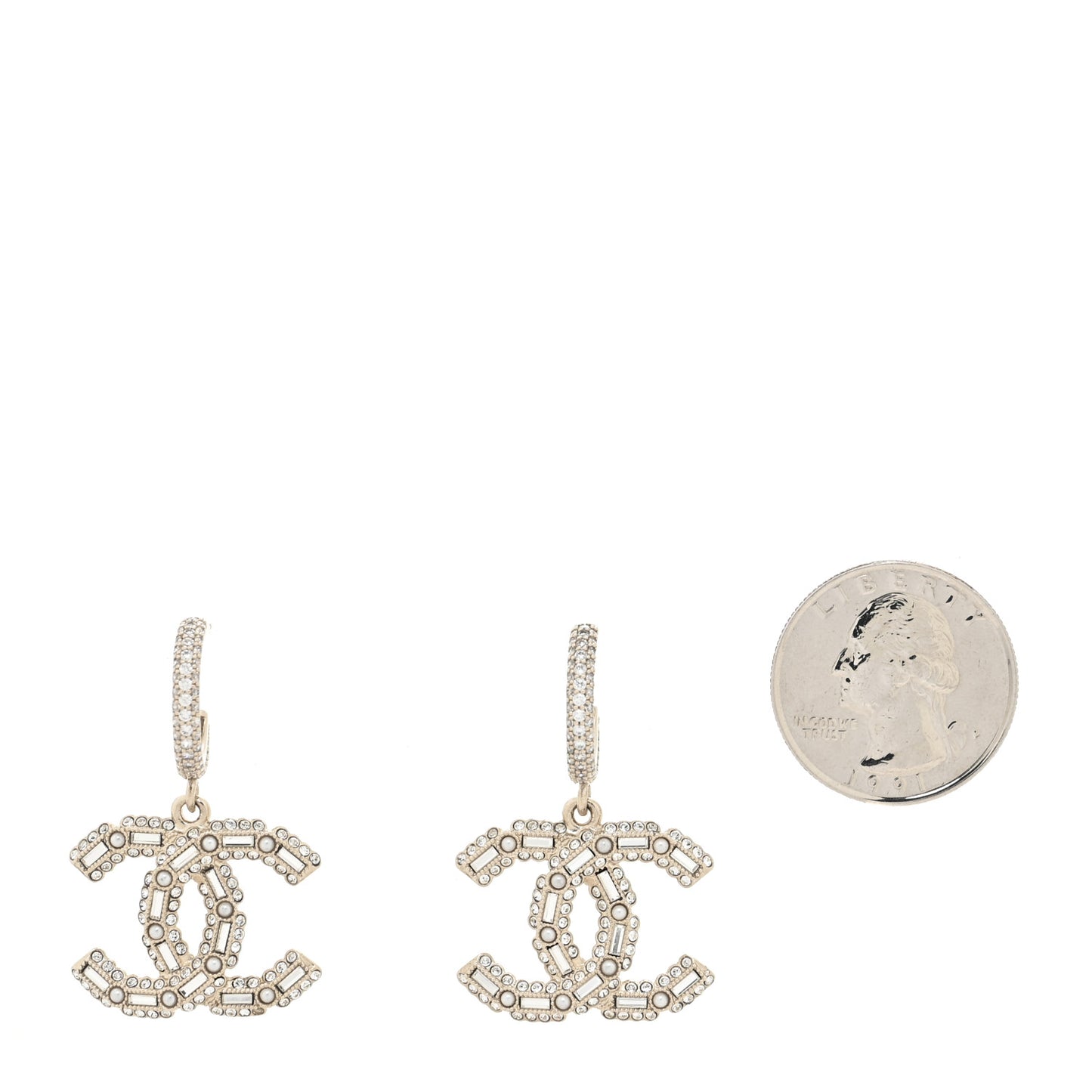 Crystal Baguette Pearl CC Drop Hoop Earrings Gold Pearly White