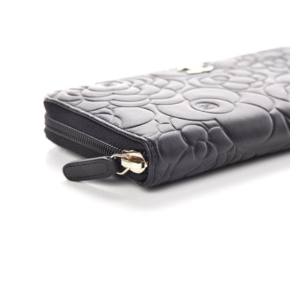 Chanel Lambskin Camellia Embossed Large Zip Around Gusset Wallet Black 5 of 11