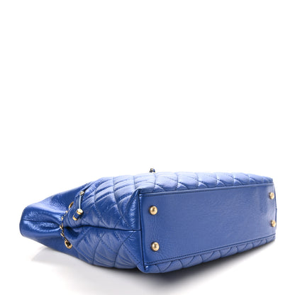 Chanel Metallic Aged Calfskin Quilted Drawstring Shopping Tote Blue 4 of 10