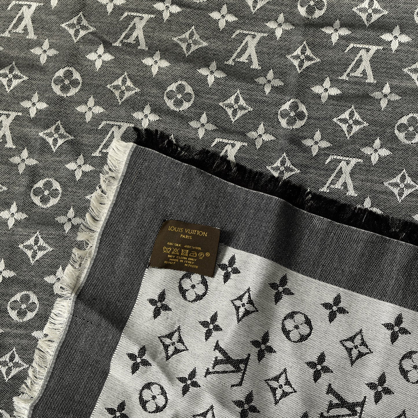 Silk Wool Monogram Denim Shawl Black