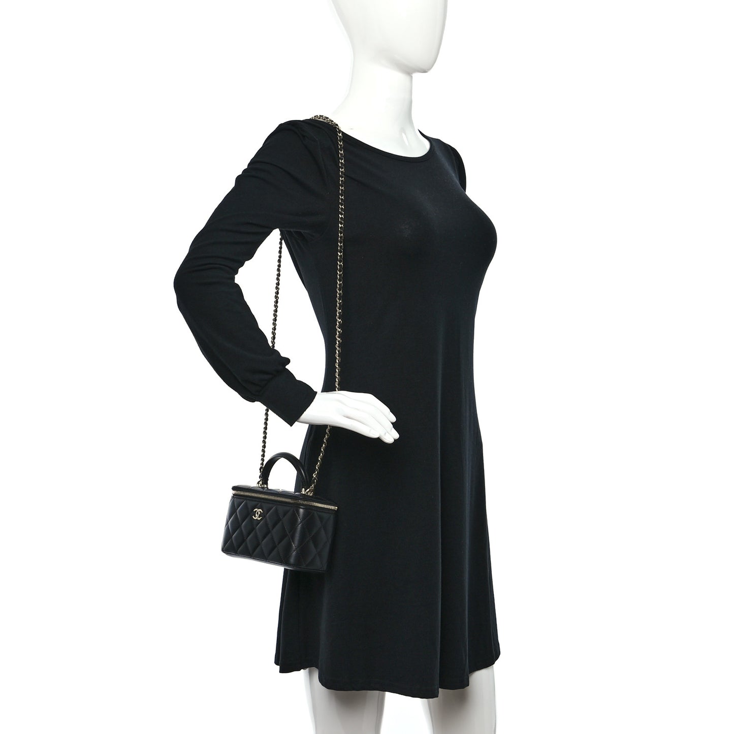 Lambskin Quilted Small Top Handle Vanity Case With Chain Black