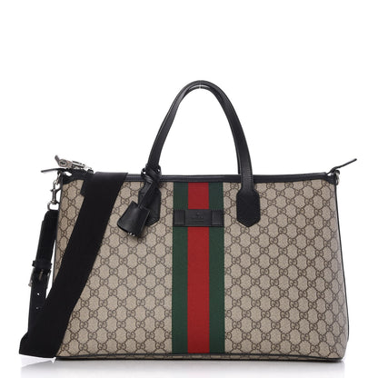Gucci GG Supreme Monogram Web Medium Zippered Tote Beige Black 1 of 8