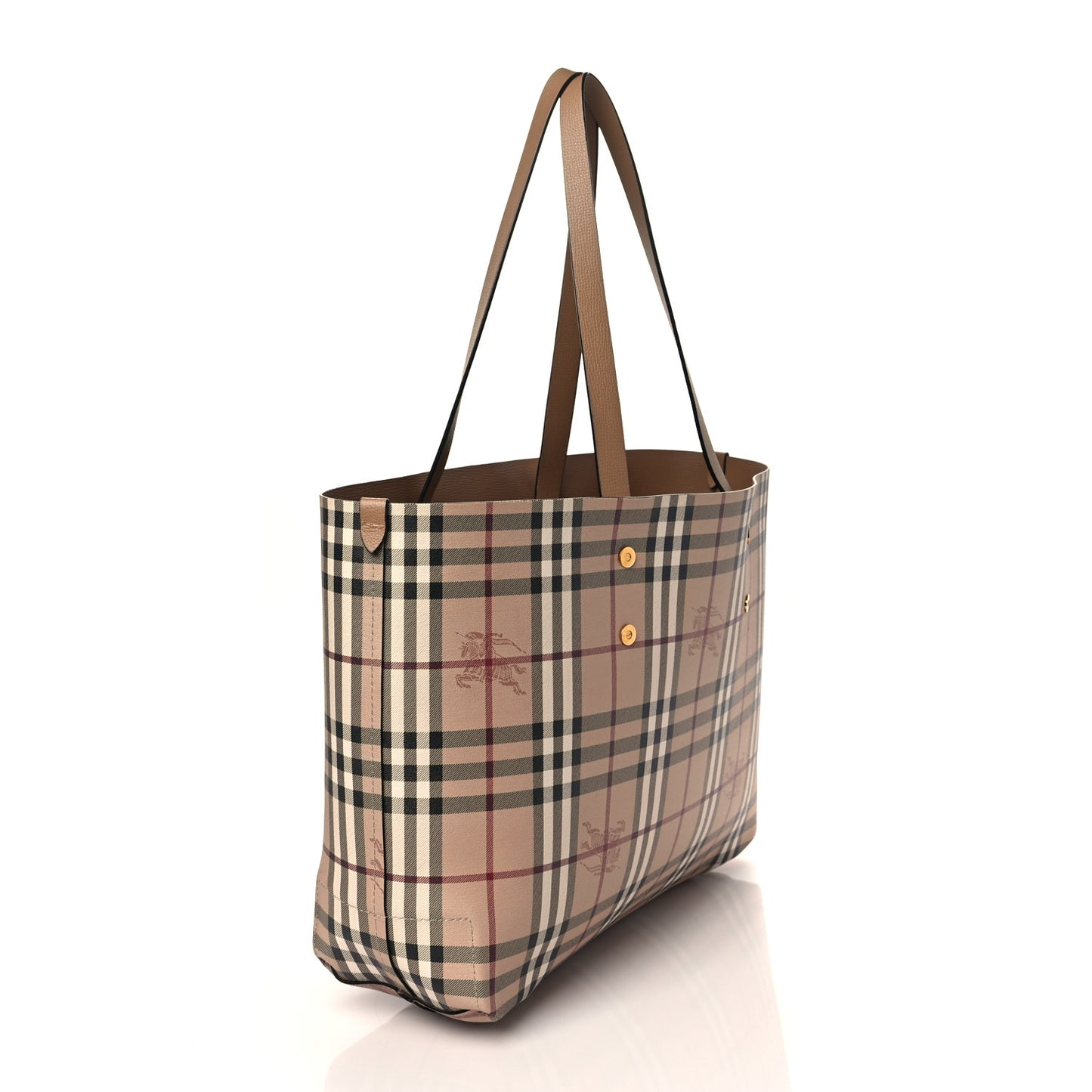 Grainy Calfskin Haymarket Check Small Reversible Tote Mid Camel