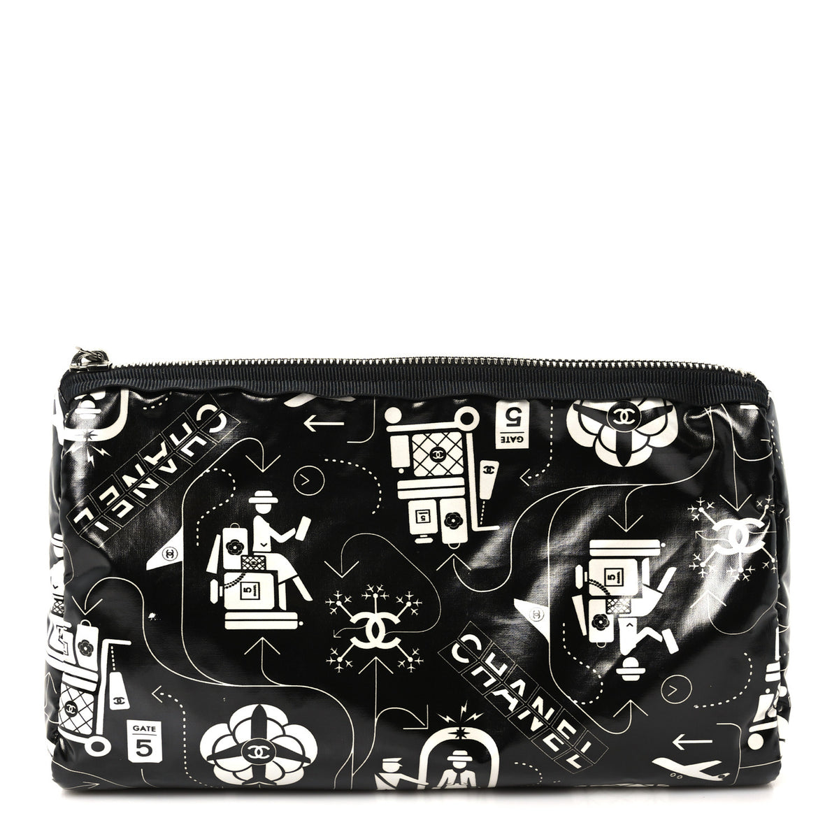 Coated Canvas Airline Cosmetic Pouch Black White