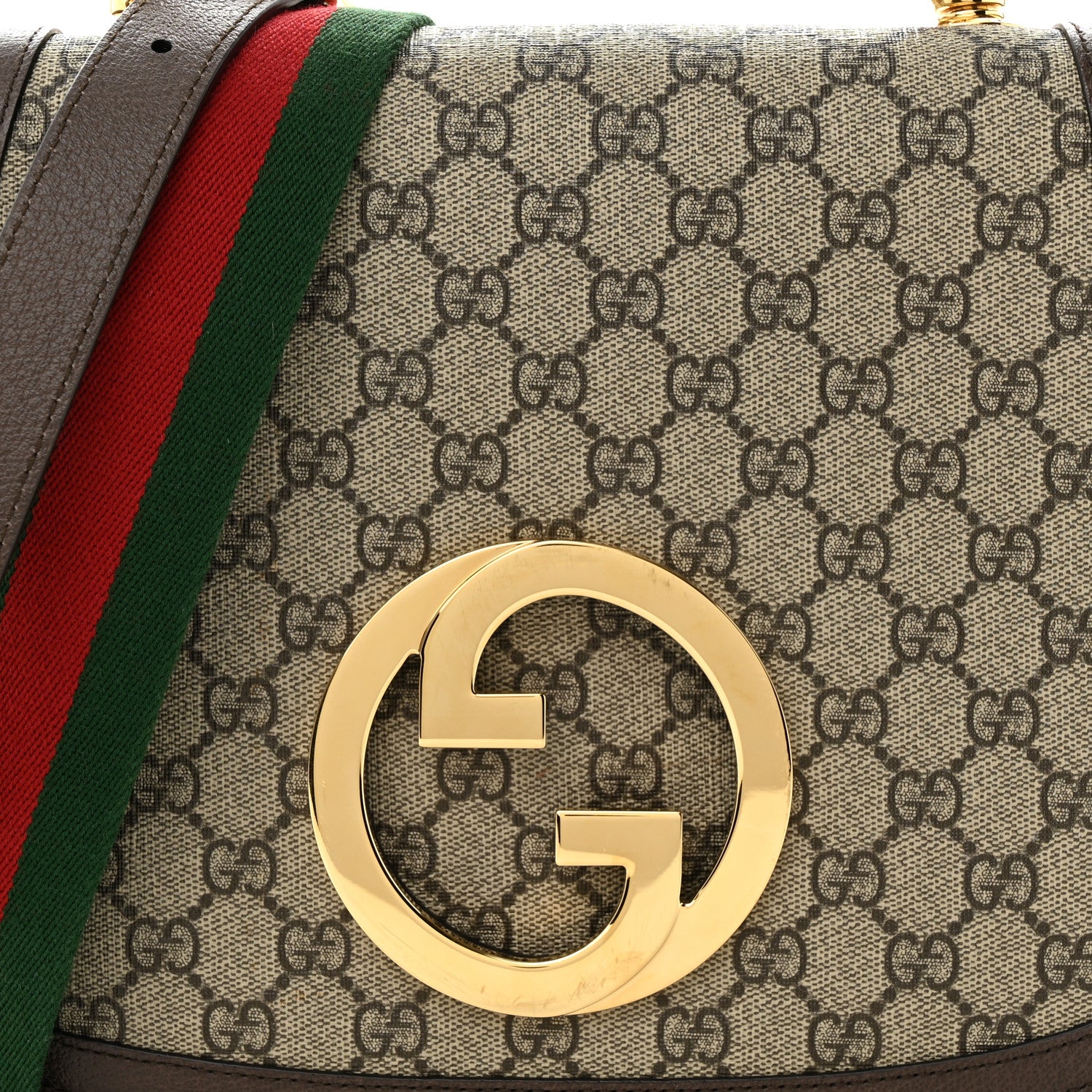 Gucci GG Supreme Monogram Textured Dollar Calfskin Web Medium Blondie Top Handle Shoulder Flap Bag Beige Ebony New Acero 8 of 11