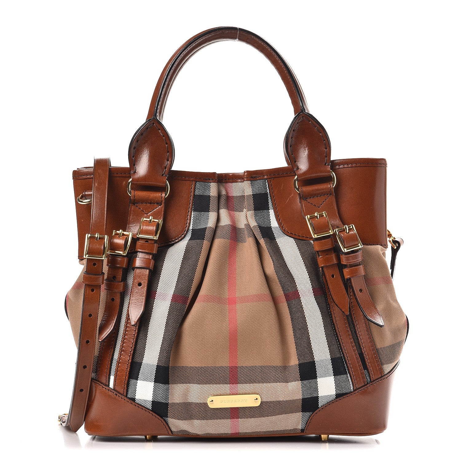 Burberry House Check Bridle Calfskin Small Whipstitch Tote Dark Tan 1 of 16