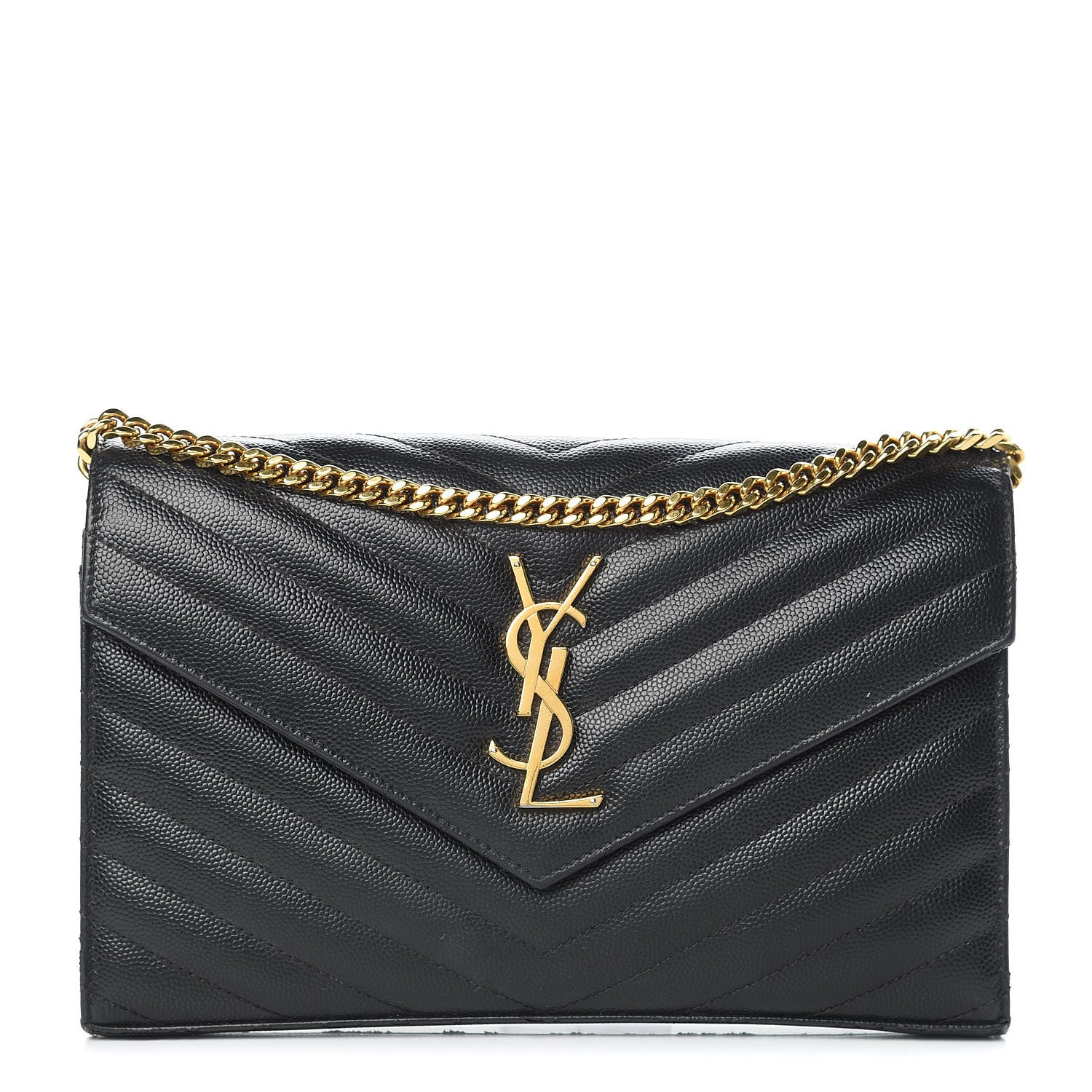 Saint Laurent Grain De Poudre Matelasse Chevron Monogram Chain Wallet Black 1 of 15