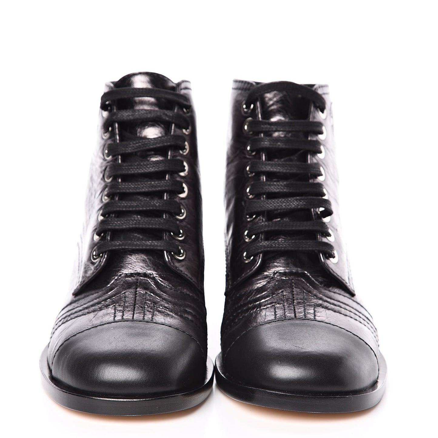 Metallic Calfskin CC Lace Up Boots 35 Silver Black