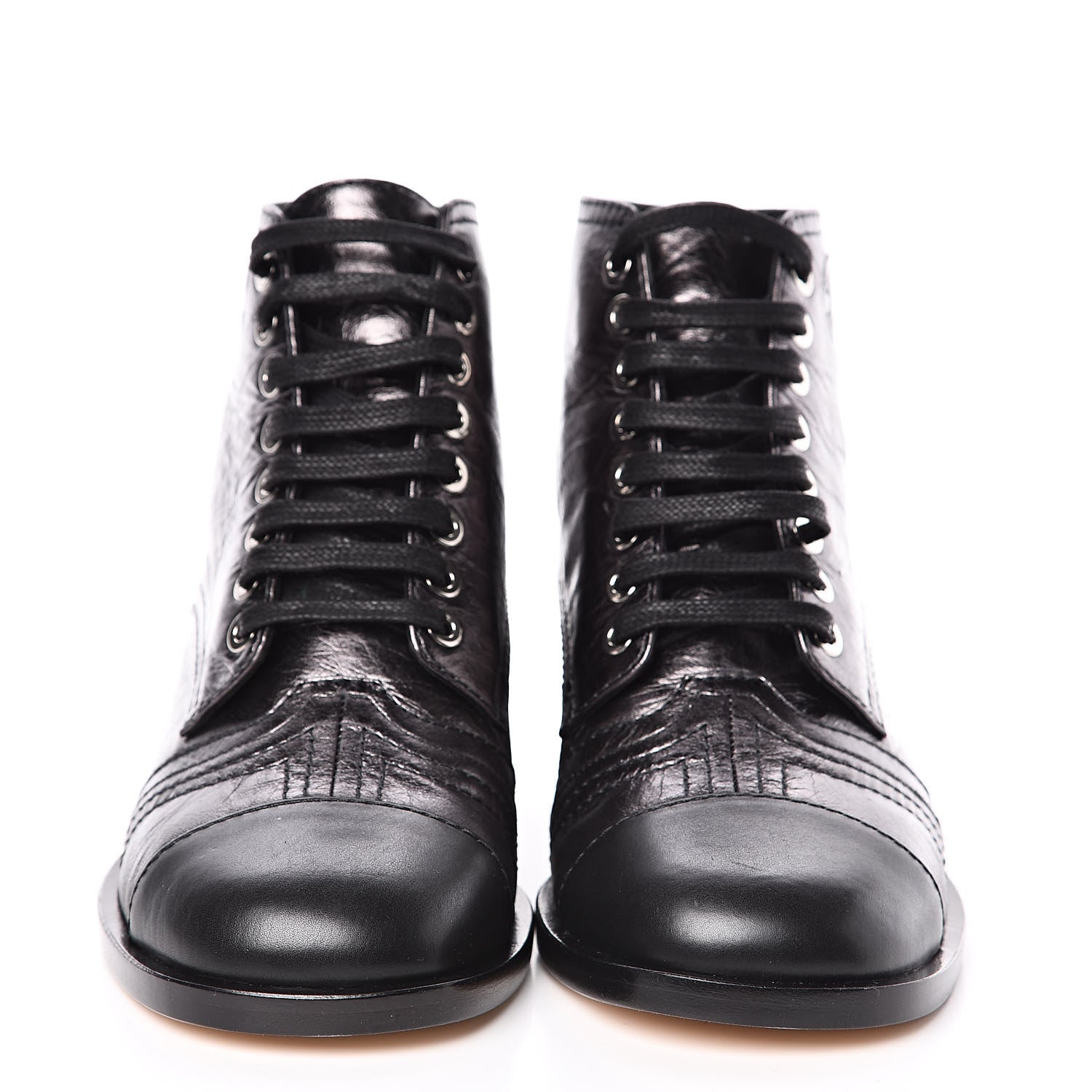 Chanel Metallic Calfskin CC Lace Up Boots 35 Silver Black 2 of 8