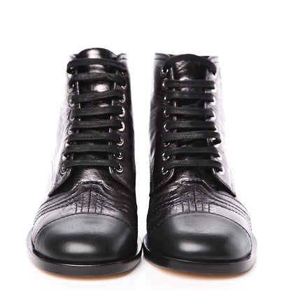 Chanel Metallic Calfskin CC Lace Up Boots 35 Silver Black 2 of 8