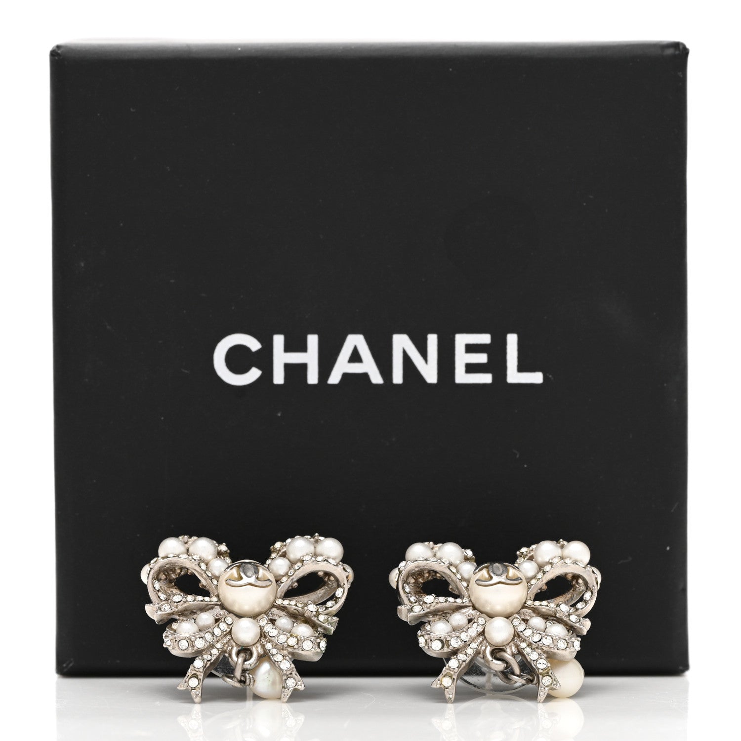 Chanel Crystal Pearl Bow CC Earrings Silver 5 of 5