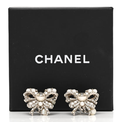 Chanel Crystal Pearl Bow CC Earrings Silver 5 of 5