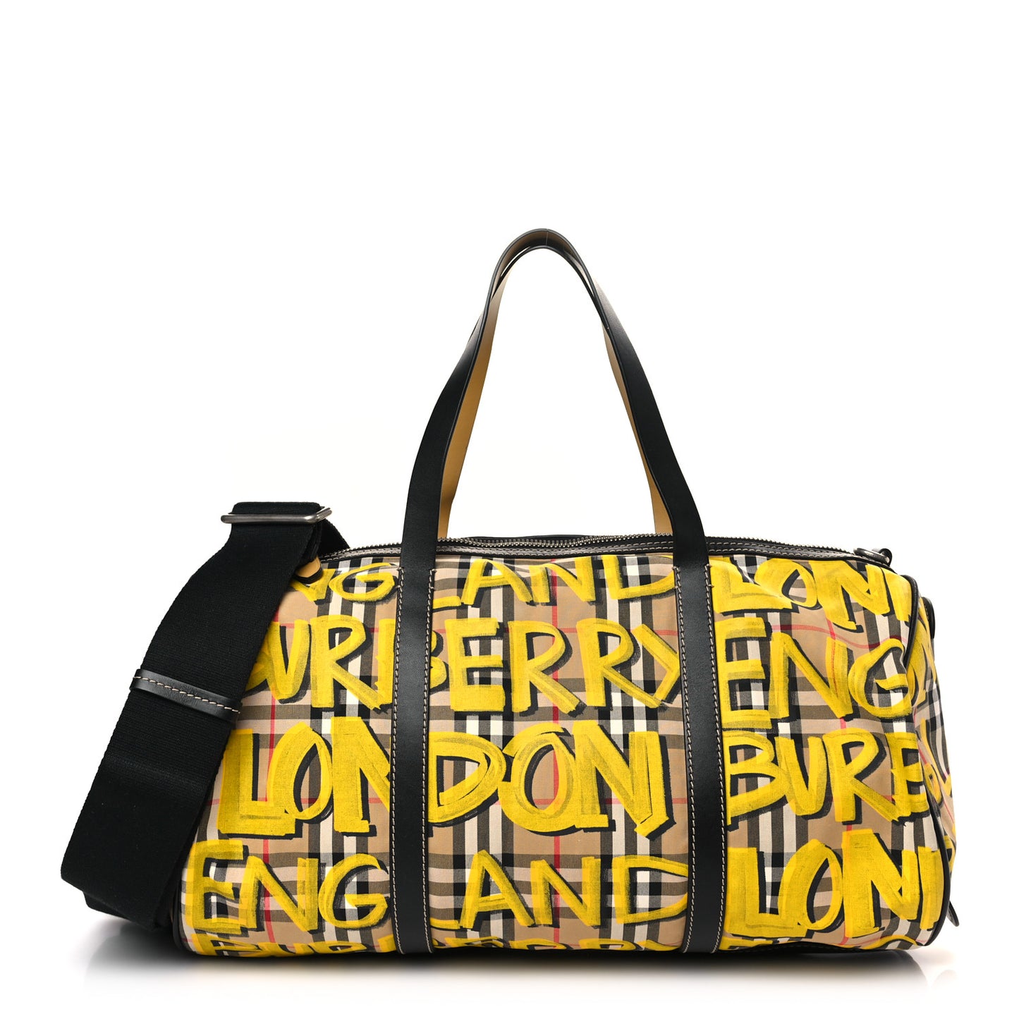 Calfskin Vintage Check Graffiti Print Duffle Bag Yellow